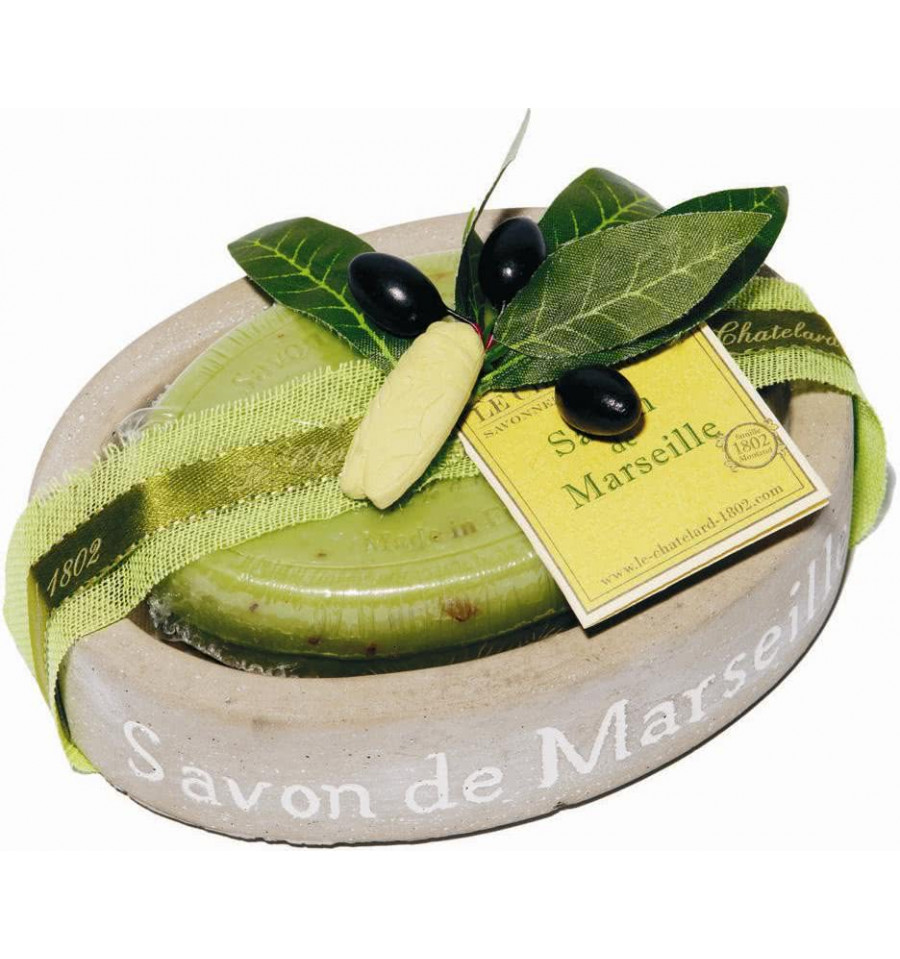 Set Cadou Savoniera Sapun Natural Marsilia Oval 100g Exfoliant Masline Olives Le Chatelard 1802